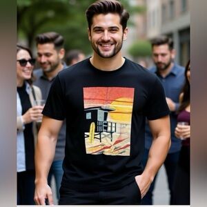 Black Graphic T-Shirt with Sunset Design